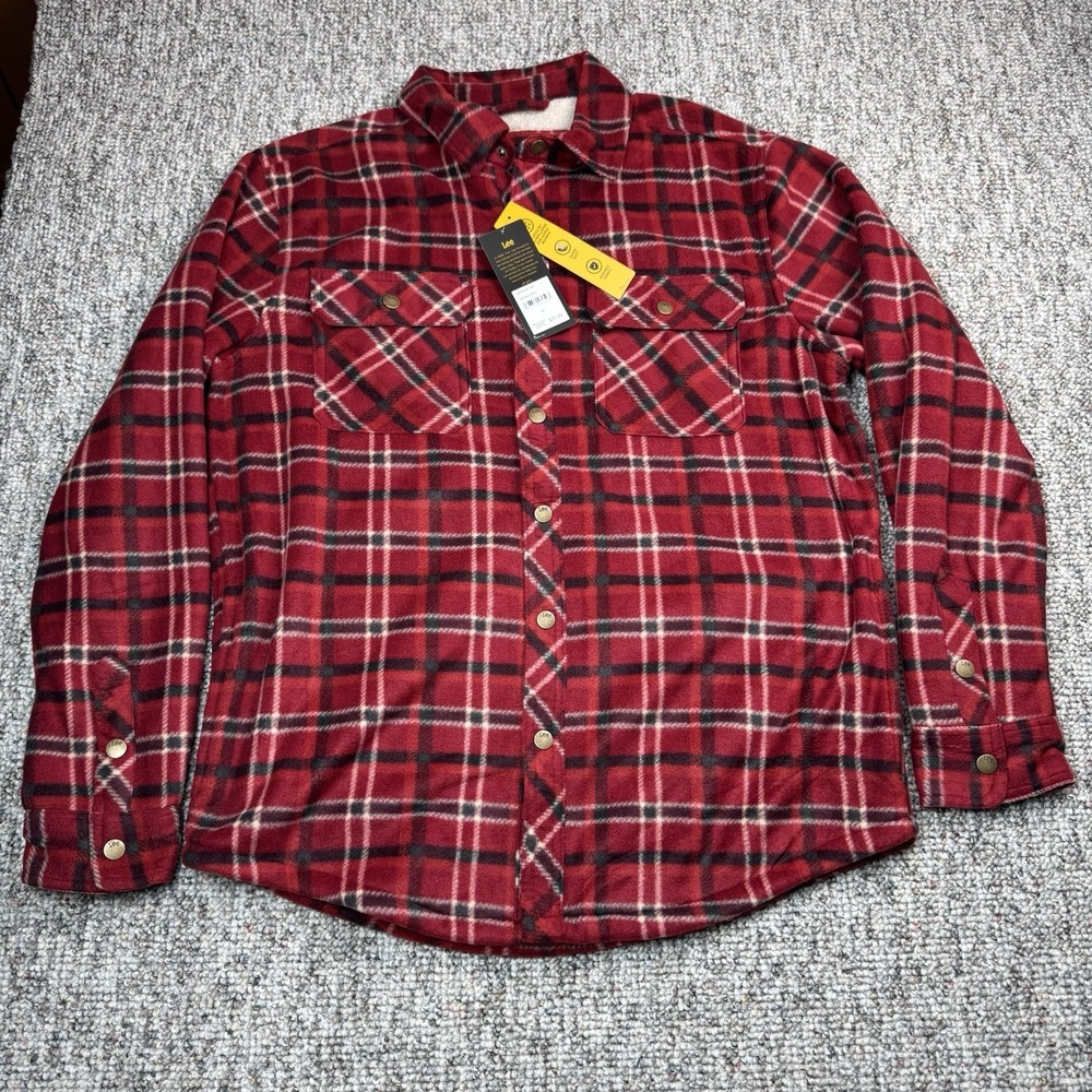 Lee Shacket Mens Medium Biking Red Button Up Fleece Sherpa Lining Plaid